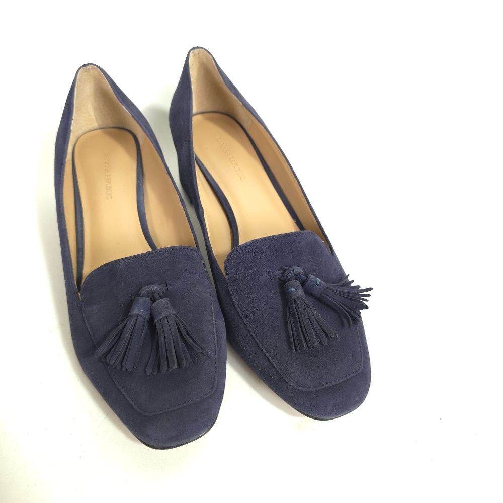 Banana Republic Navy Leather Suede Tassel Loafers Block Heel Size 6 Women’s